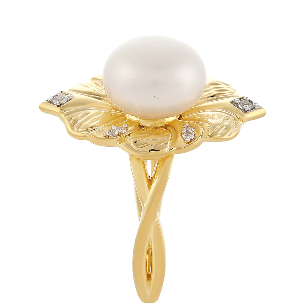 Anillo de Plata Bañada en Oro con Perla Barroca Cultivada de Agua Dulce y Topacio Blanco 2 