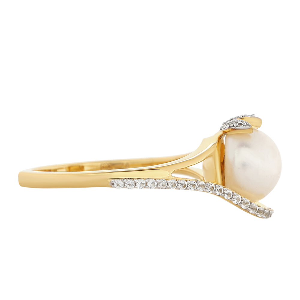 Anillo de Plata Bañada en Oro con Perla Barroca Cultivada de Agua Dulce y Topacio Blanco 2 