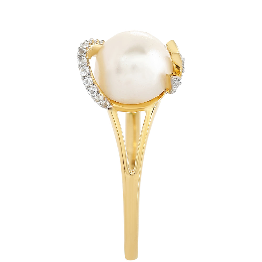 Anillo de Plata Bañada en Oro con Perla Barroca Cultivada de Agua Dulce y Topacio Blanco 4 