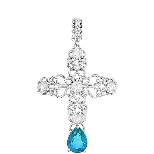 Cruz Colgante de Plata con Cuarzo Pavo Real y Topacio Blanco