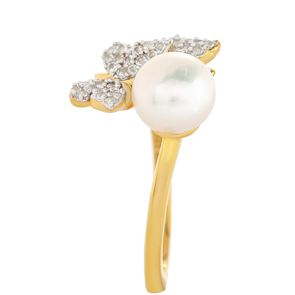 Anillo de Plata Bañada en Oro con Perla Barroca Cultivada de Agua Dulce y Topacio Blanco 4 