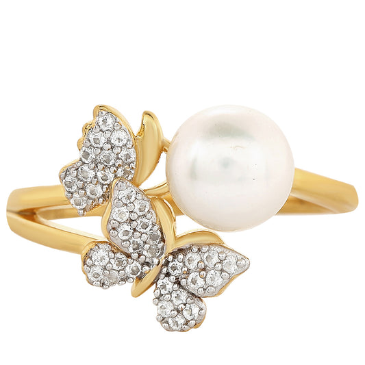 Anillo de Plata Bañada en Oro con Perla Barroca Cultivada de Agua Dulce y Topacio Blanco
