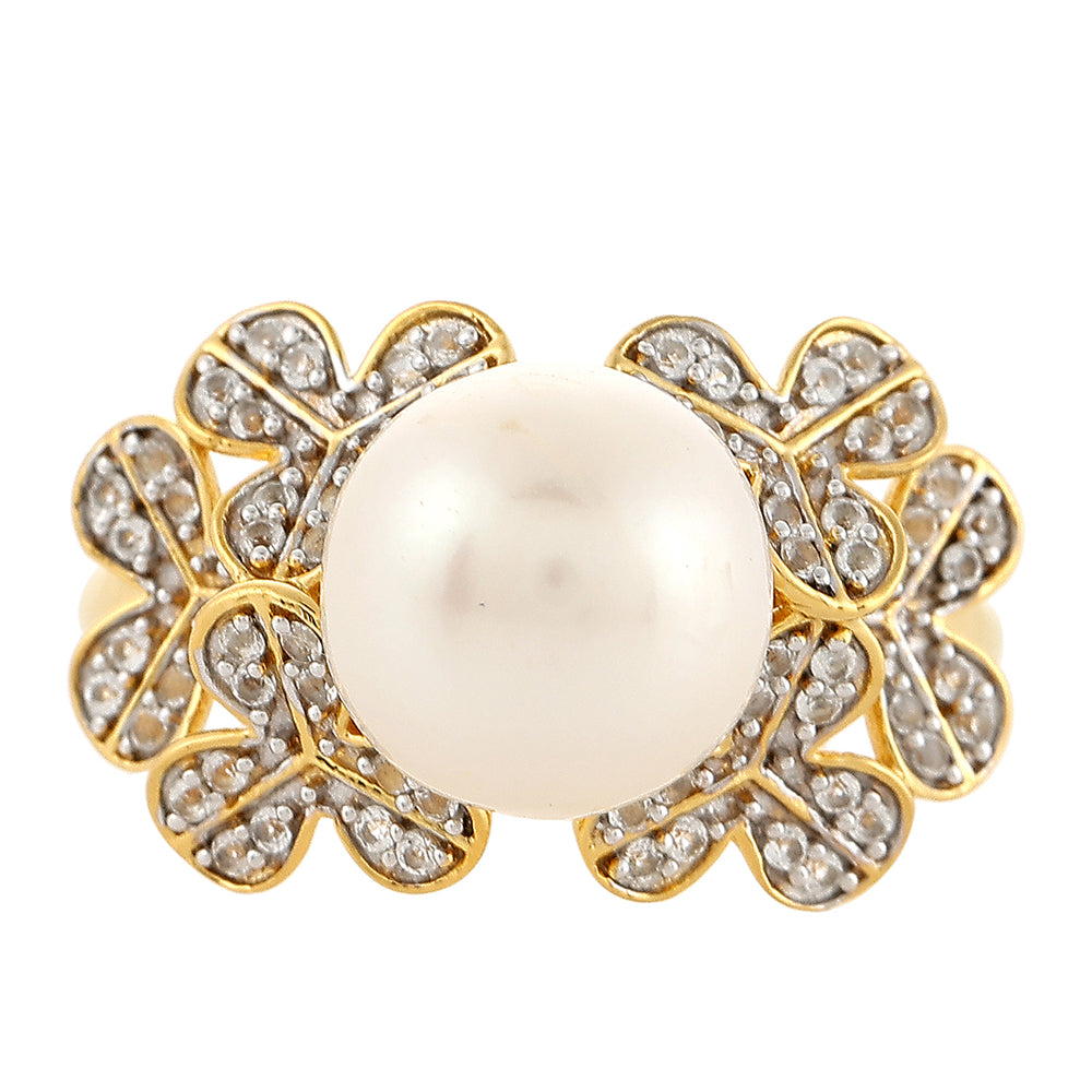 Anillo de Plata Bañada en Oro con Perla Barroca Cultivada de Agua Dulce y Topacio Blanco 1 