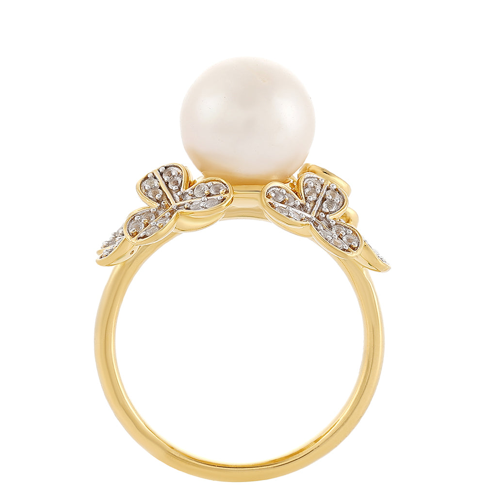 Anillo de Plata Bañada en Oro con Perla Barroca Cultivada de Agua Dulce y Topacio Blanco