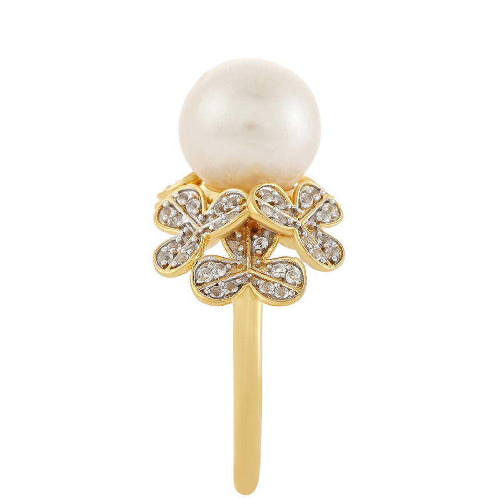 Anillo de Plata Bañada en Oro con Perla Barroca Cultivada de Agua Dulce y Topacio Blanco 4 