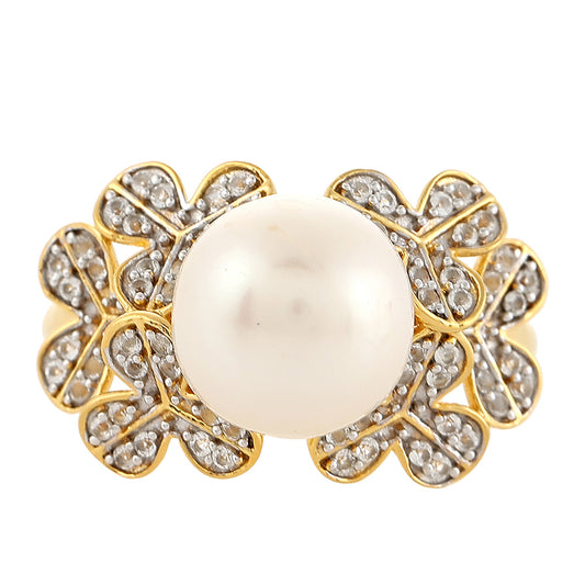 Anillo de Plata Bañada en Oro con Perla Barroca Cultivada de Agua Dulce y Topacio Blanco