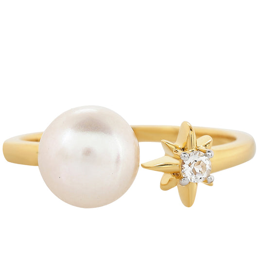 Anillo de Plata Bañada en Oro con Perla Barroca Cultivada de Agua Dulce y Topacio Blanco