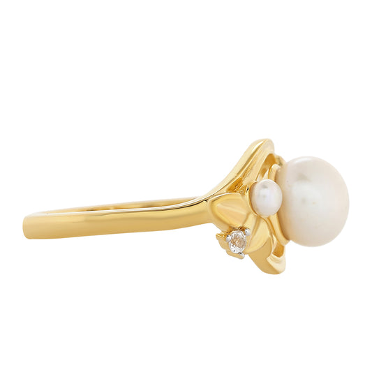 Anillo de Plata Bañada en Oro con Perla Barroca Cultivada de Agua Dulce y Topacio Blanco