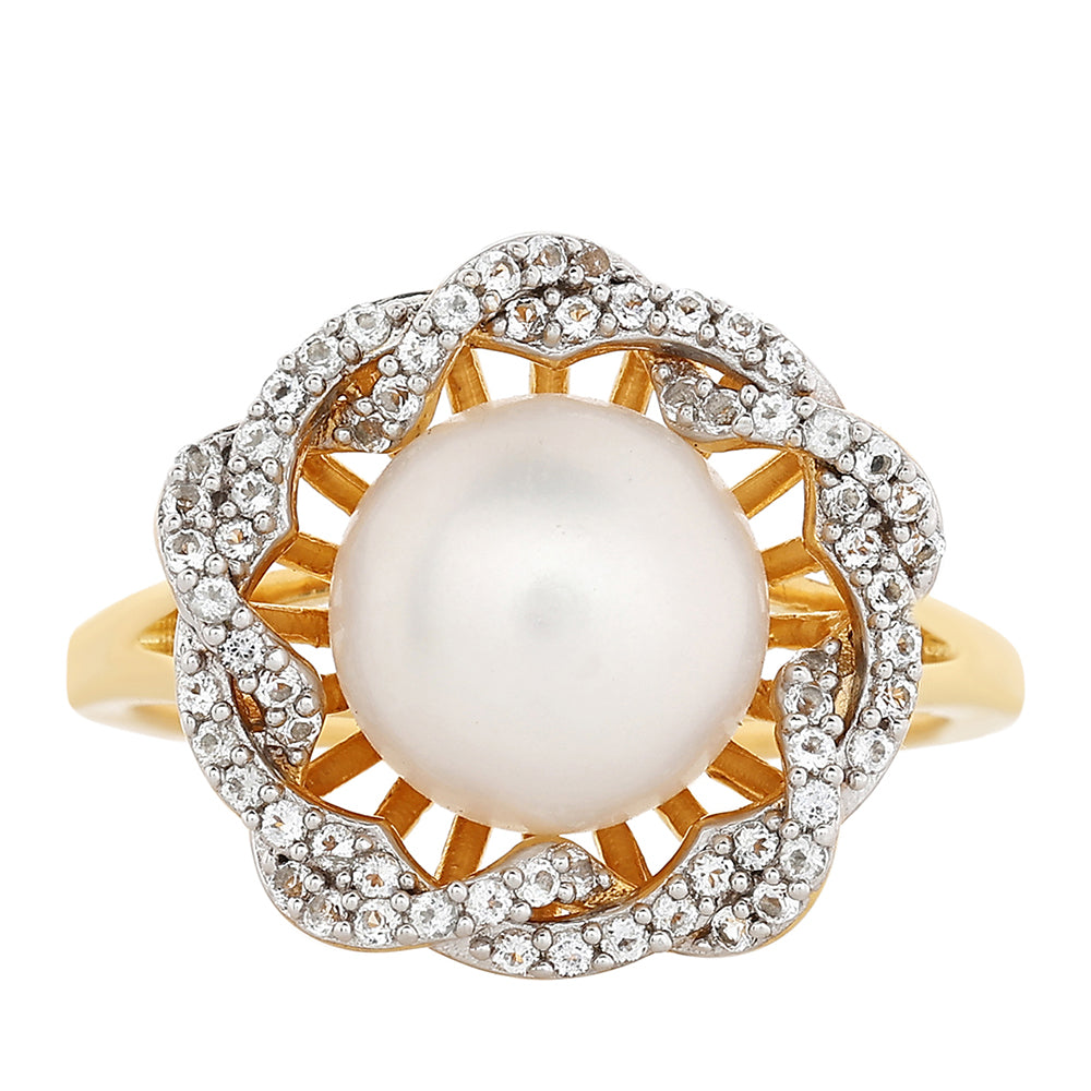 Anillo de Plata Bañada en Oro con Perla Barroca Cultivada de Agua Dulce y Topacio Blanco 1 
