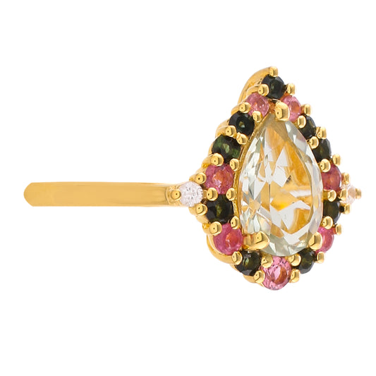 Anillo de Plata Bañada en Oro con Amatista Verde y Turmalina Rosa