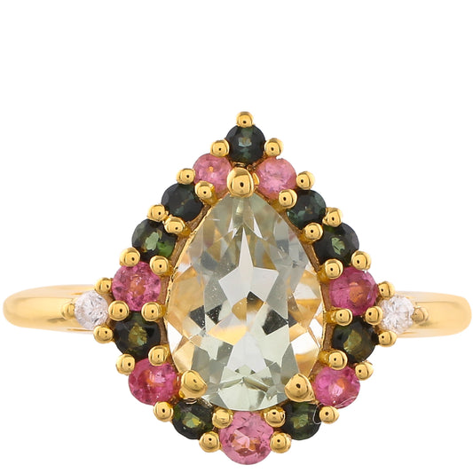 Anillo de Plata Bañada en Oro con Amatista Verde y Turmalina Rosa