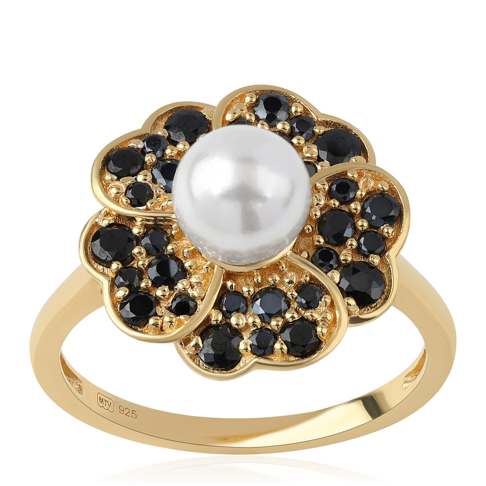 Anillo de Plata Bañada en Oro con Espinela Negra y Perla blanca de agua dulce