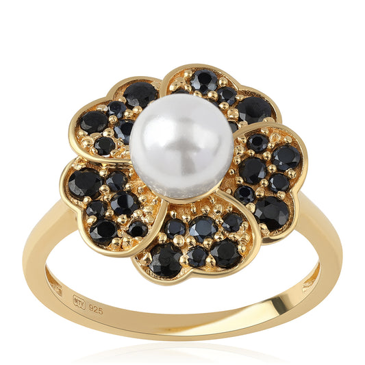 Anillo de Plata Bañada en Oro con Espinela Negra y Perla blanca de agua dulce