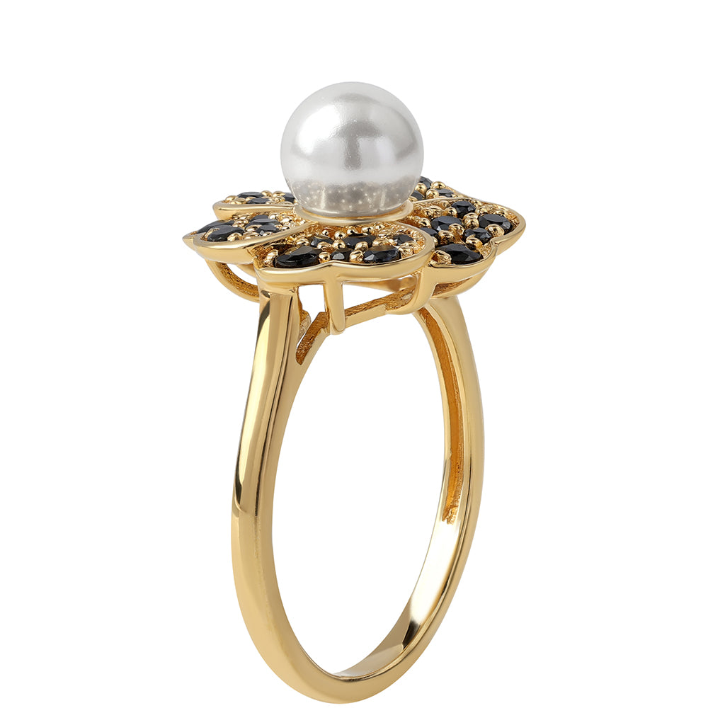 Anillo de Plata Bañada en Oro con Espinela Negra y Perla blanca de agua dulce 2 