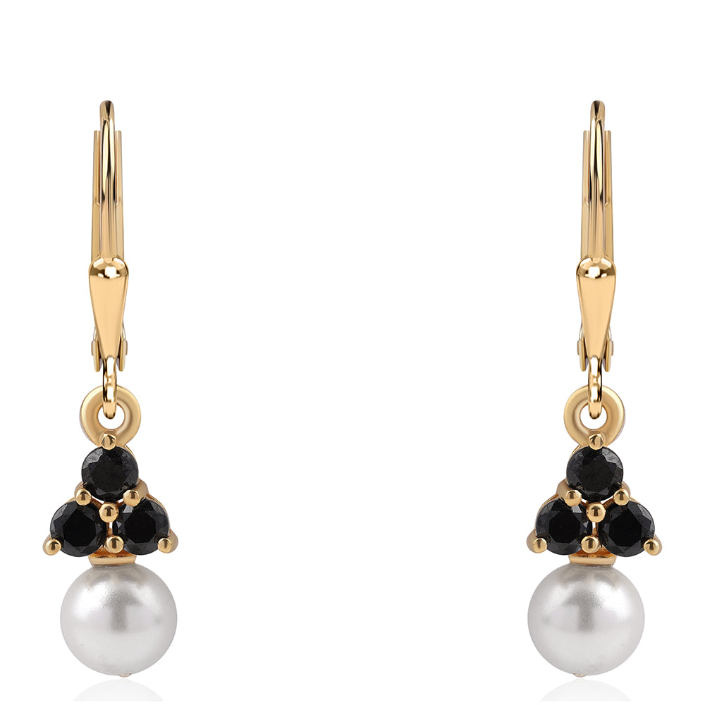 Pendientes de Plata Bañada en Oro con Espinela Negra y Perla blanca de agua dulce 1 