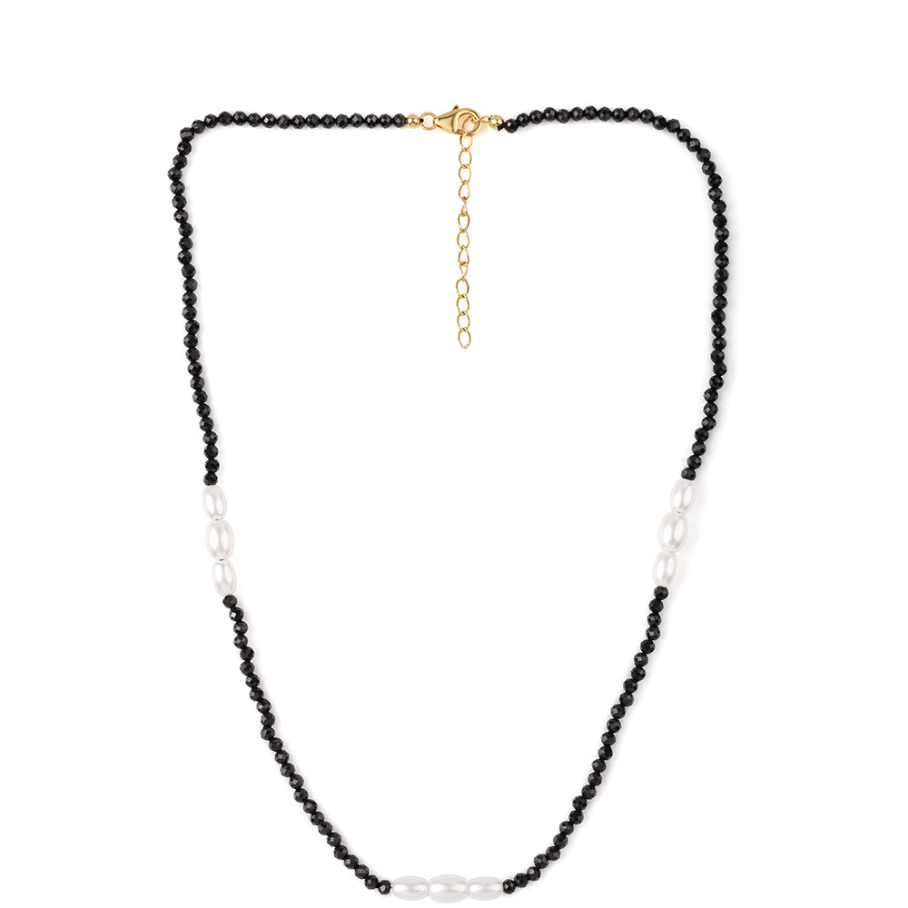 Collar de Plata Bañada en Oro con Espinela Negra y Perla blanca de agua dulce 3 
