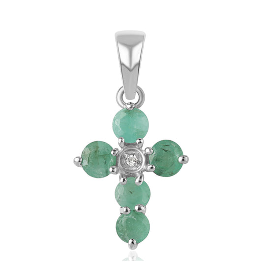 Cruz Colgante de Plata con Esmeralda de Brasil y Topacio Blanco