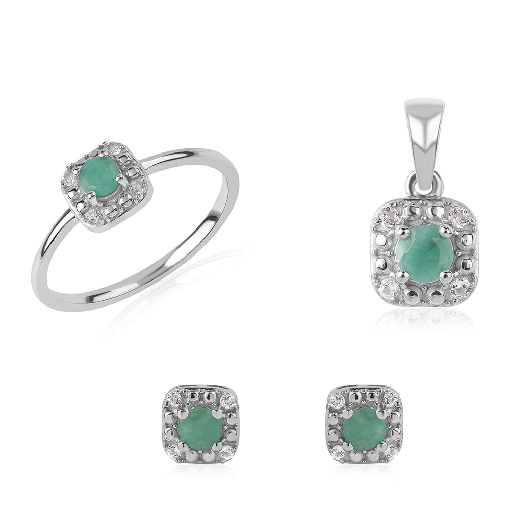 Conjunto de Plata con Esmeralda de Brasil y Topacio Blanco ( Pendientes +Anillo +Colgante )