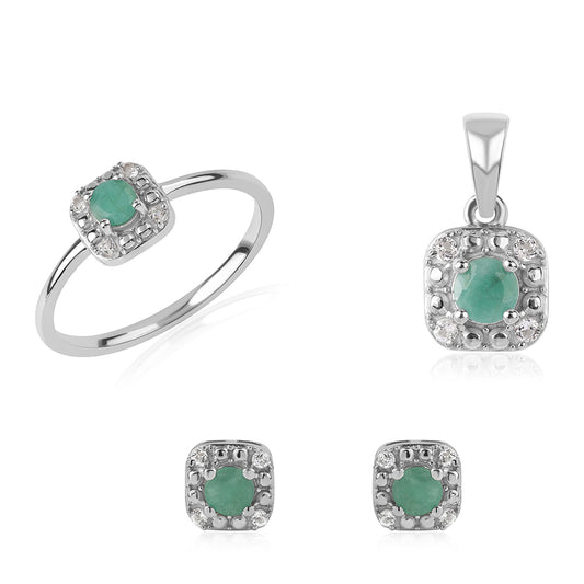 Conjunto de Plata con Esmeralda de Brasil y Topacio Blanco ( Pendientes +Anillo +Colgante )