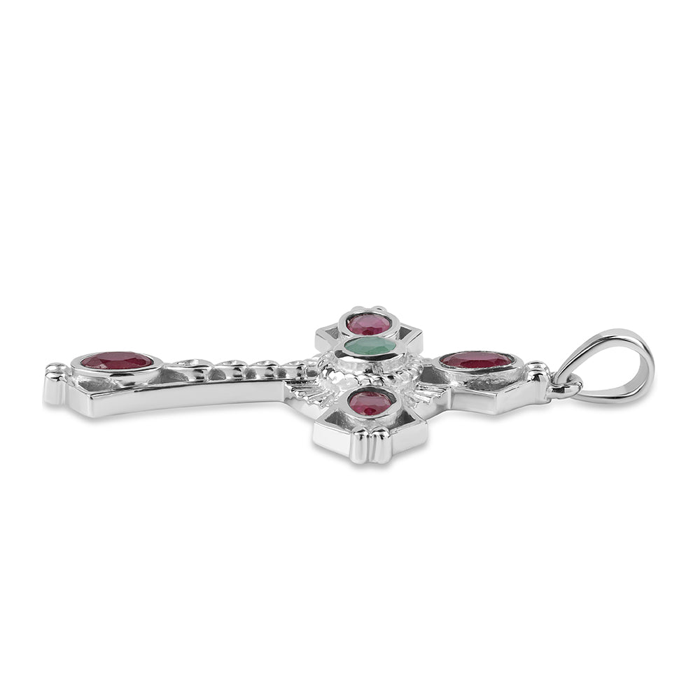 Cruz Colgante de Plata con Esmeralda de Brasil y Rubí de Mozambique