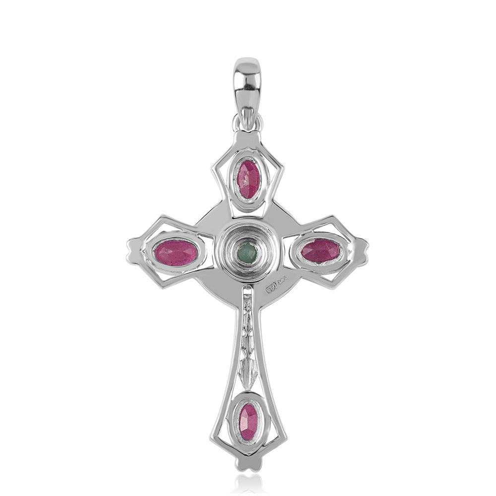 Cruz Colgante de Plata con Esmeralda de Brasil y Rubí de Mozambique