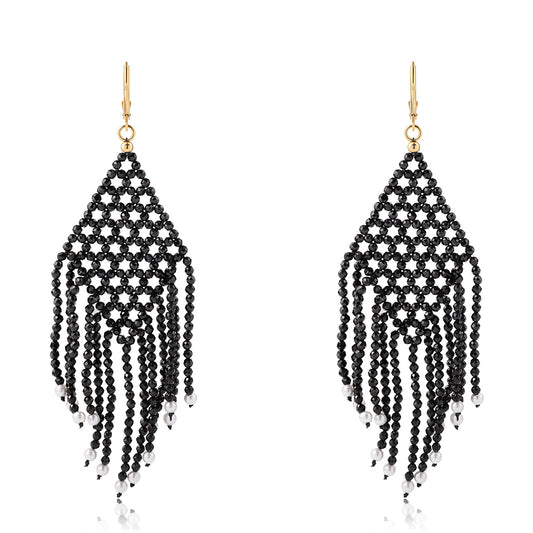 Pendientes de Plata Bañada en Oro con Espinela Negra y Perla blanca de agua dulce