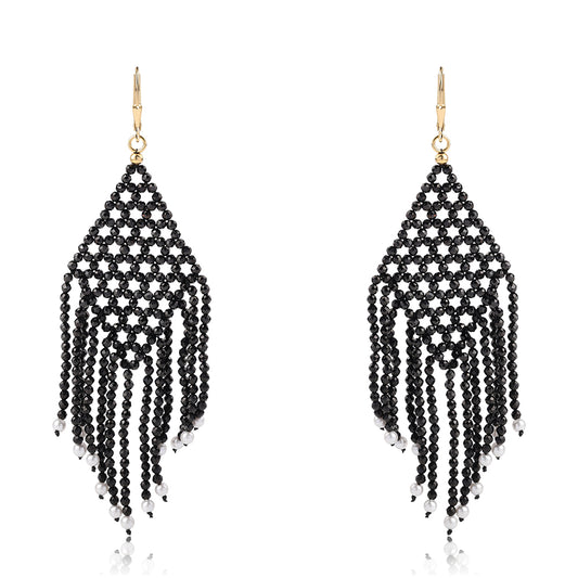 Pendientes de Plata Bañada en Oro con Espinela Negra y Perla blanca de agua dulce