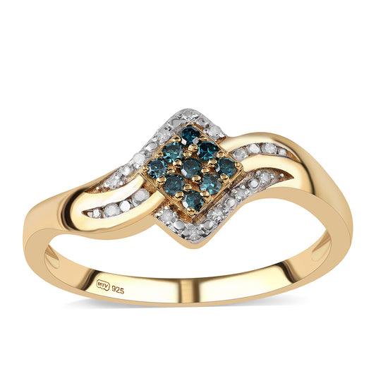 Anillo de Plata Bañada en Oro con Diamante Azul y Diamante blanco