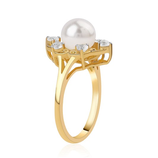 Anillo de Plata Bañada en Oro con Perla blanca de agua dulce y Topacio Blanco