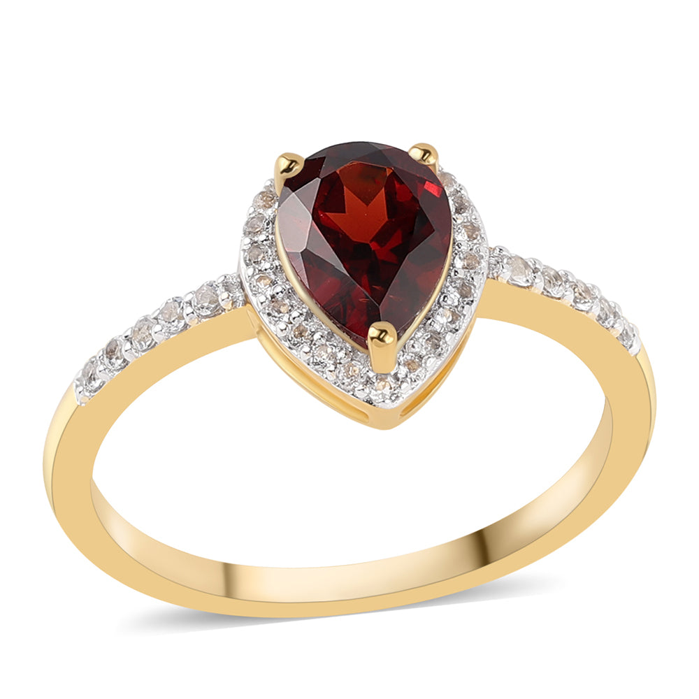 Anillo de Plata Bañada en Oro con Granate Barton y Topacio Blanco