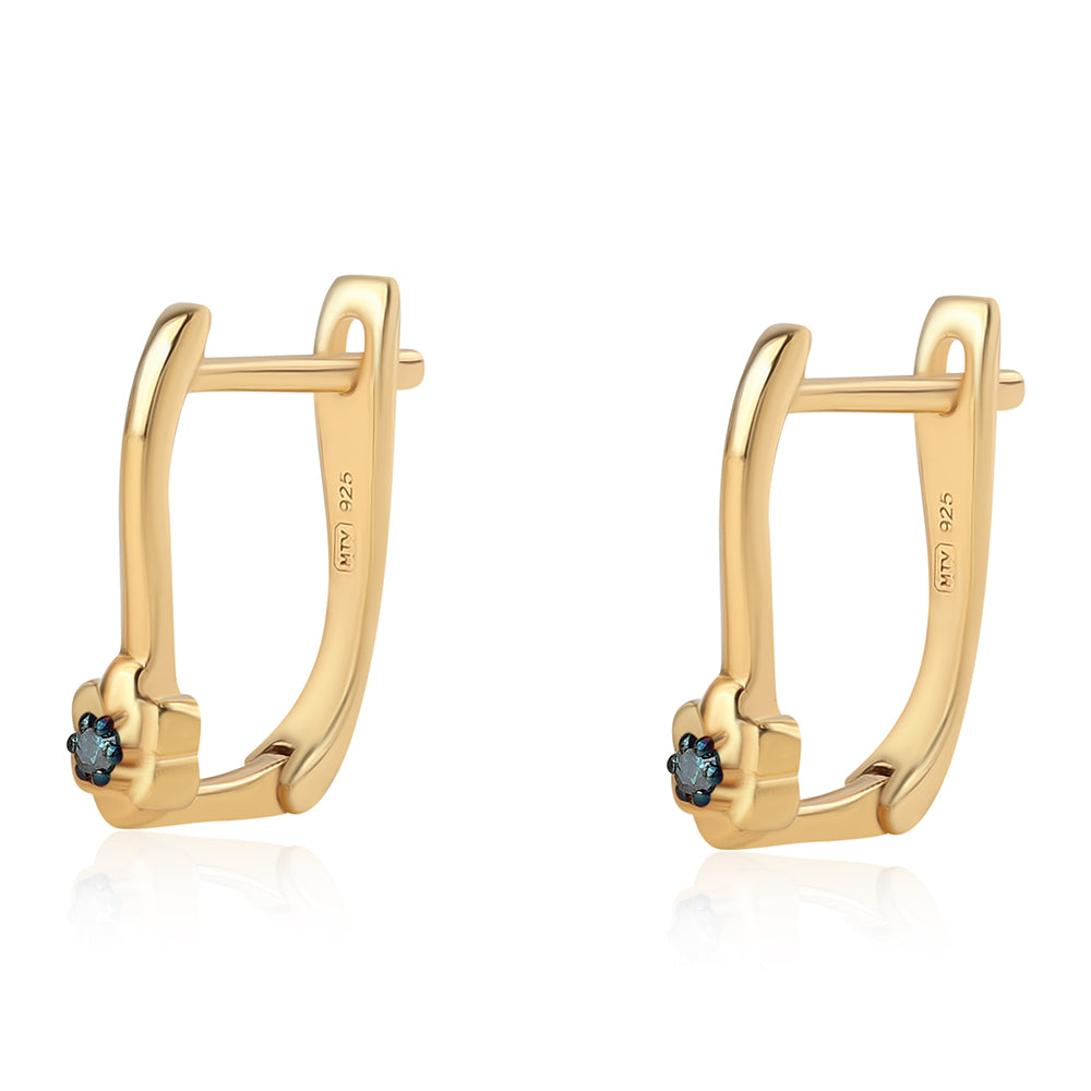 Pendientes de Plata Bañada en Oro con Diamante Azul