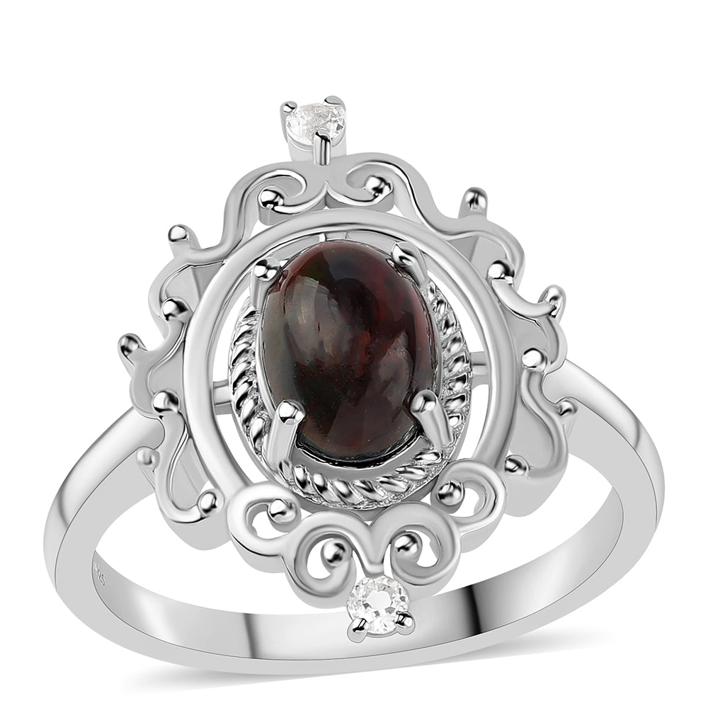 Anillo de Plata con Ópalo negro medianoche Lega Dembi de Ëtiopía y Topacio Blanco 1 