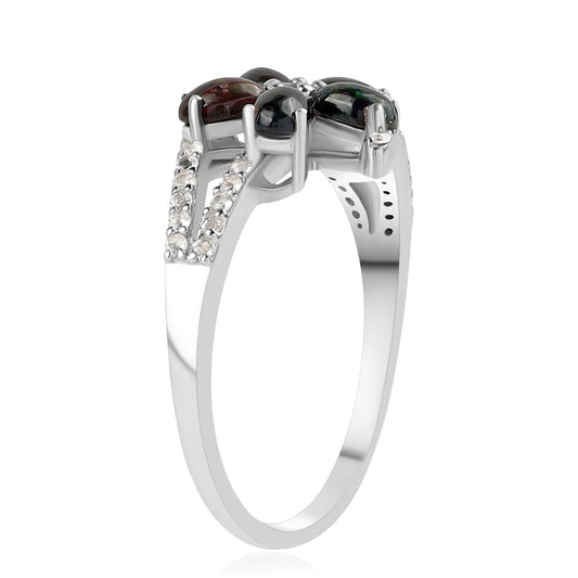 Anillo de Plata con Ópalo negro medianoche Lega Dembi de Ëtiopía y Topacio Blanco