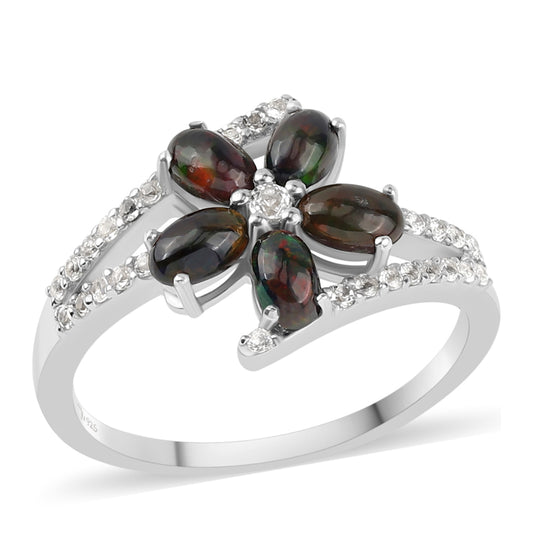 Anillo de Plata con Ópalo negro medianoche Lega Dembi de Ëtiopía y Topacio Blanco