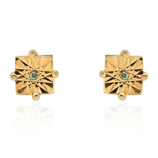 Pendientes de Plata Bañada en Oro con Diamante Verde