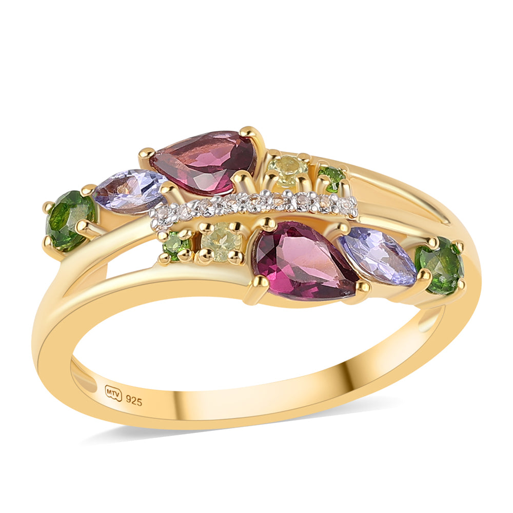 Anillo de Plata Bañada en Oro con Granate Rodolita y Tanzanita 1 