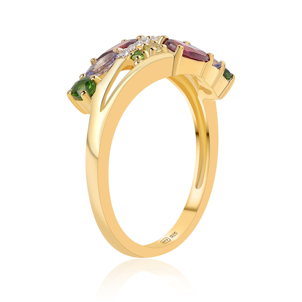 Anillo de Plata Bañada en Oro con Granate Rodolita y Tanzanita 3 