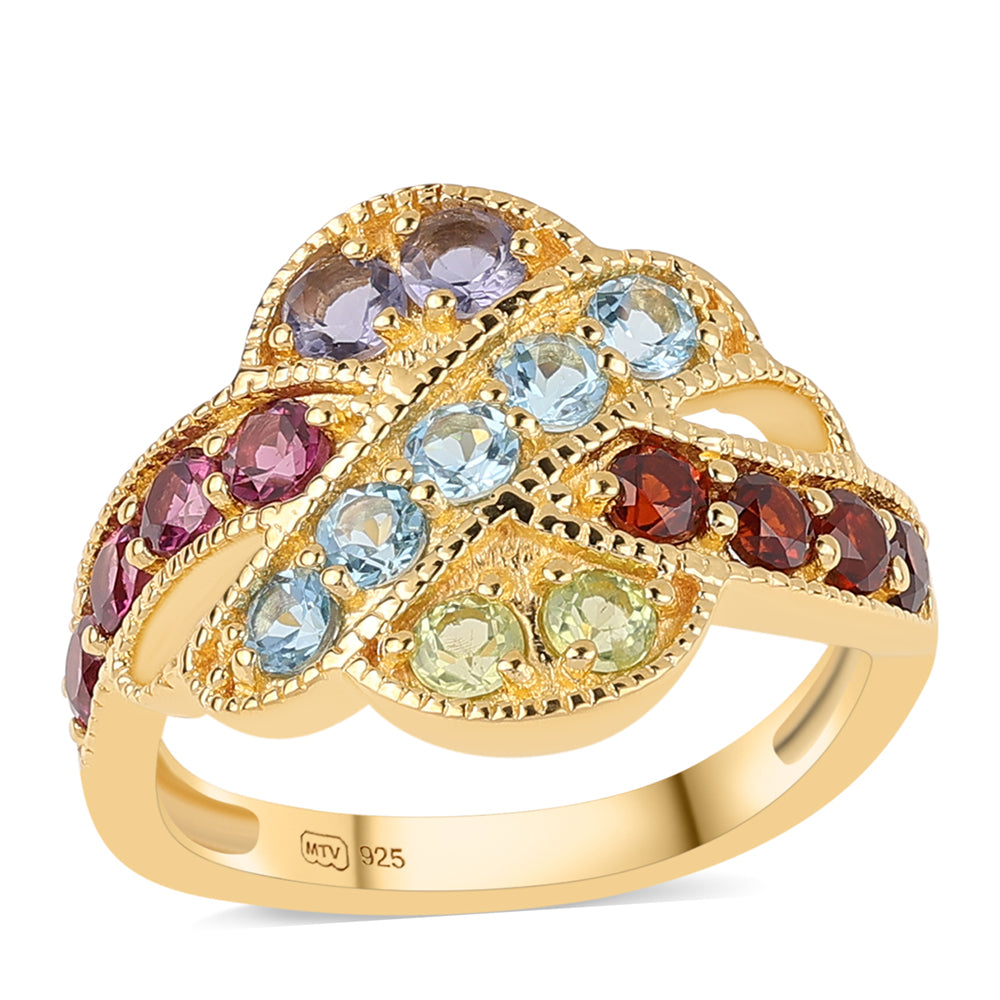 Anillo de Plata Bañada en Oro con Granate rojo y Peridoto