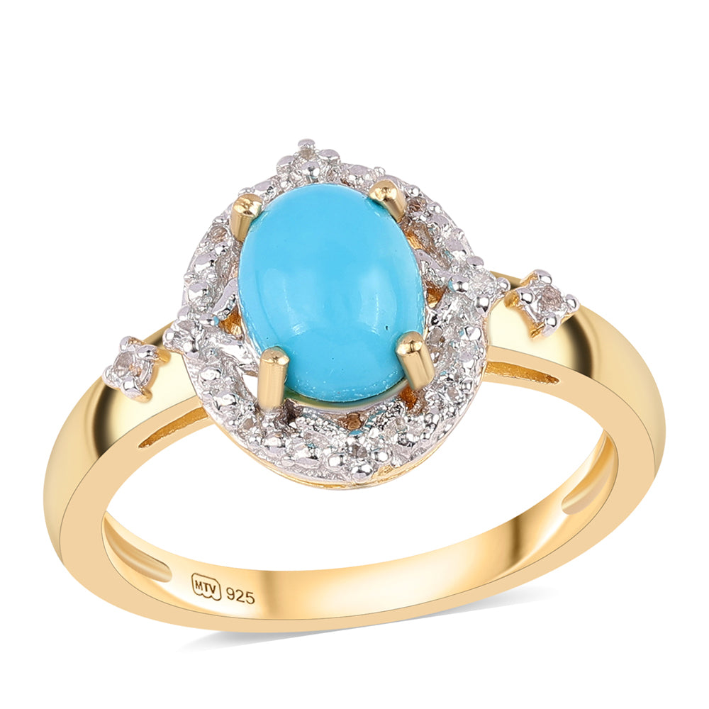 Anillo de Plata Bañada en Oro con Turquesa Bella Durmiente y Topacio Blanco