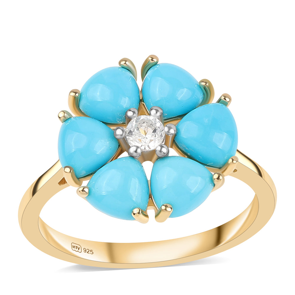 Anillo de Plata Bañada en Oro con Turquesa Bella Durmiente y Topacio Blanco 1 