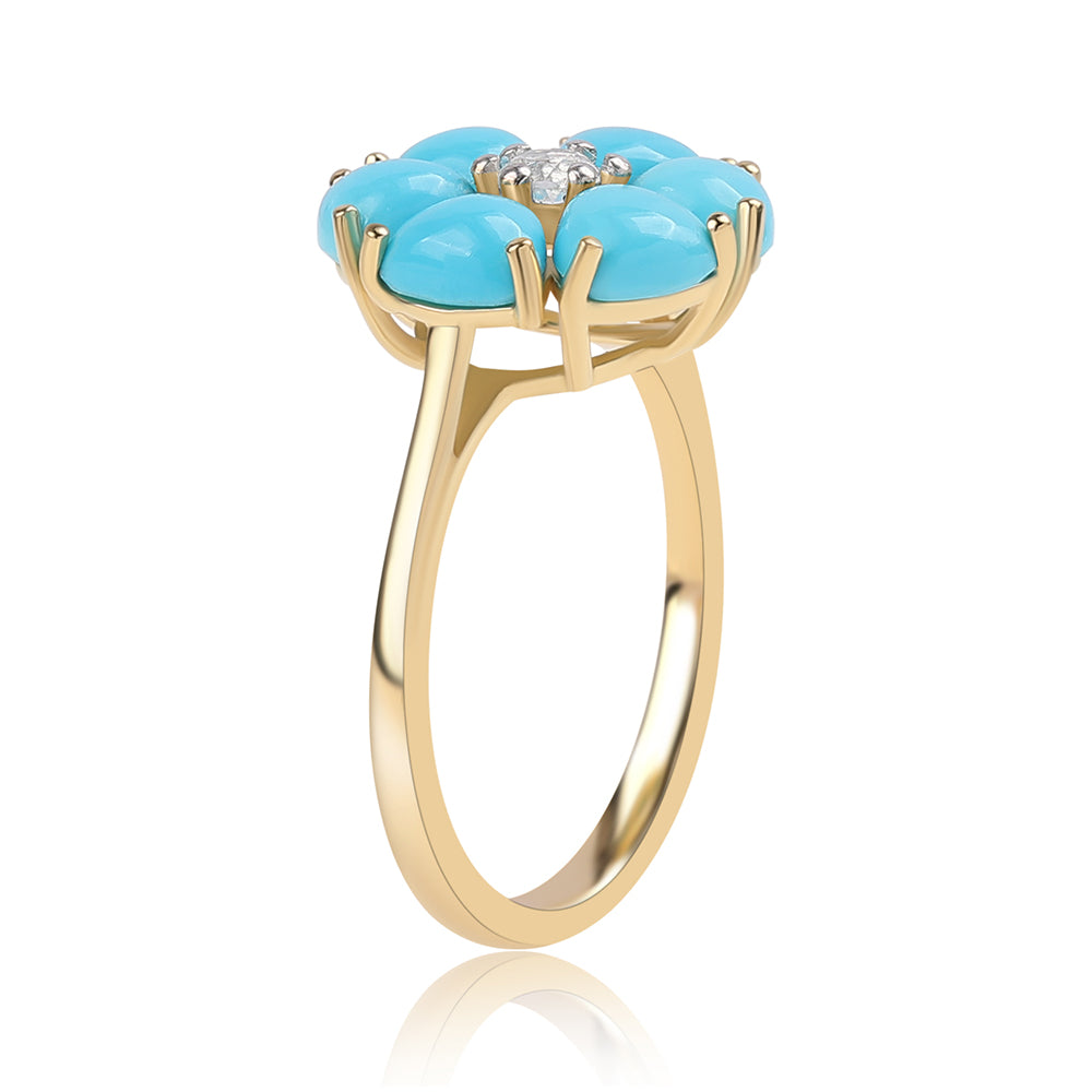 Anillo de Plata Bañada en Oro con Turquesa Bella Durmiente y Topacio Blanco 2 