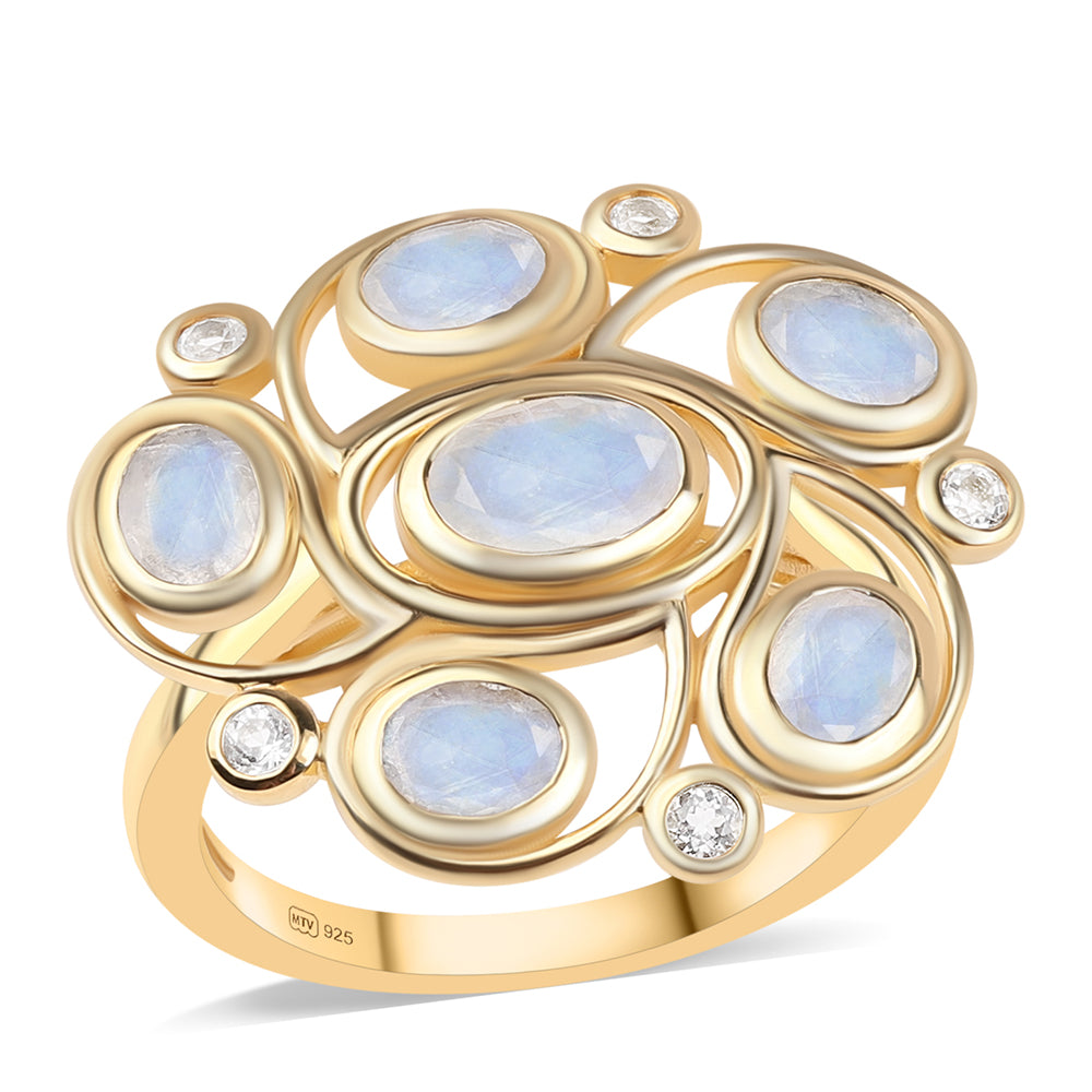 Anillo de Plata Bañada en Oro con Piedra de Luna de arcoiris AA y Topacio Blanco 1 
