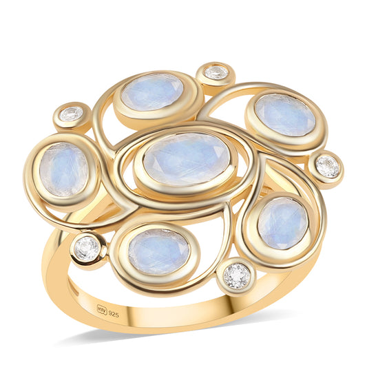 Anillo de Plata Bañada en Oro con Piedra de Luna de arcoiris AA y Topacio Blanco