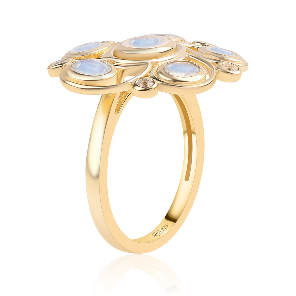 Anillo de Plata Bañada en Oro con Piedra de Luna de arcoiris AA y Topacio Blanco