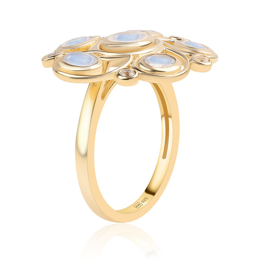 Anillo de Plata Bañada en Oro con Piedra de Luna de arcoiris AA y Topacio Blanco