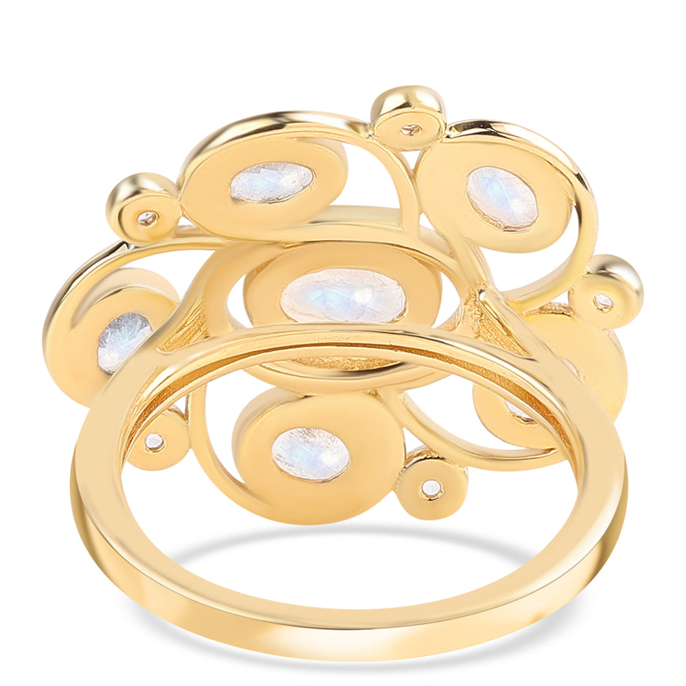 Anillo de Plata Bañada en Oro con Piedra de Luna de arcoiris AA y Topacio Blanco 3 