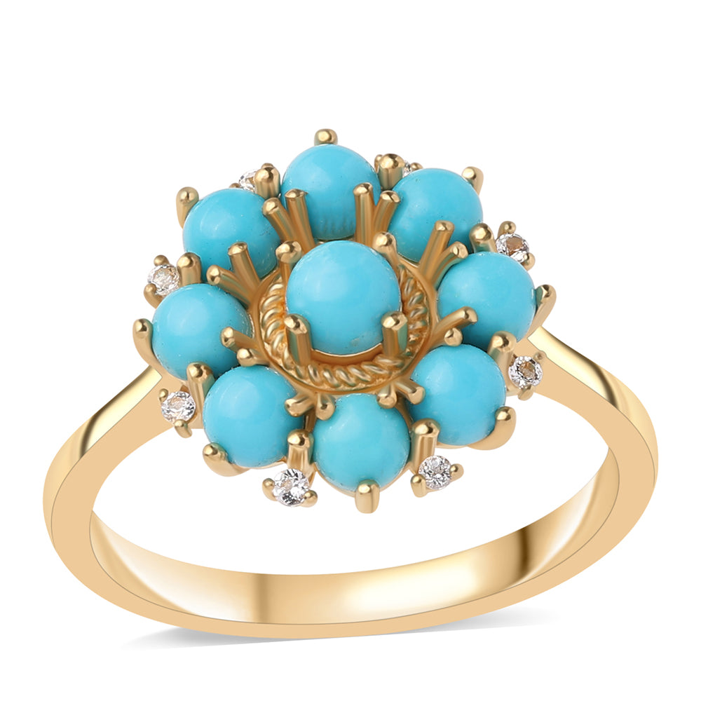 Anillo de Plata Bañada en Oro con Turquesa Bella Durmiente y Topacio Blanco 1 