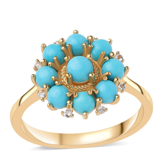 Anillo de Plata Bañada en Oro con Turquesa Bella Durmiente y Topacio Blanco