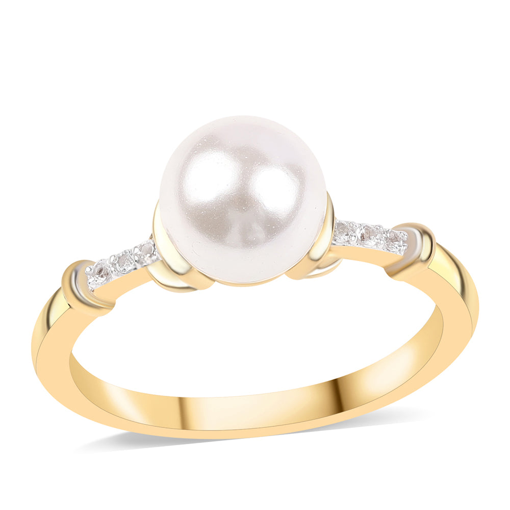Anillo de Plata Bañada en Oro con Perla blanca de agua dulce y Topacio Blanco 1 