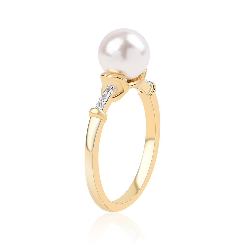 Anillo de Plata Bañada en Oro con Perla blanca de agua dulce y Topacio Blanco 3 